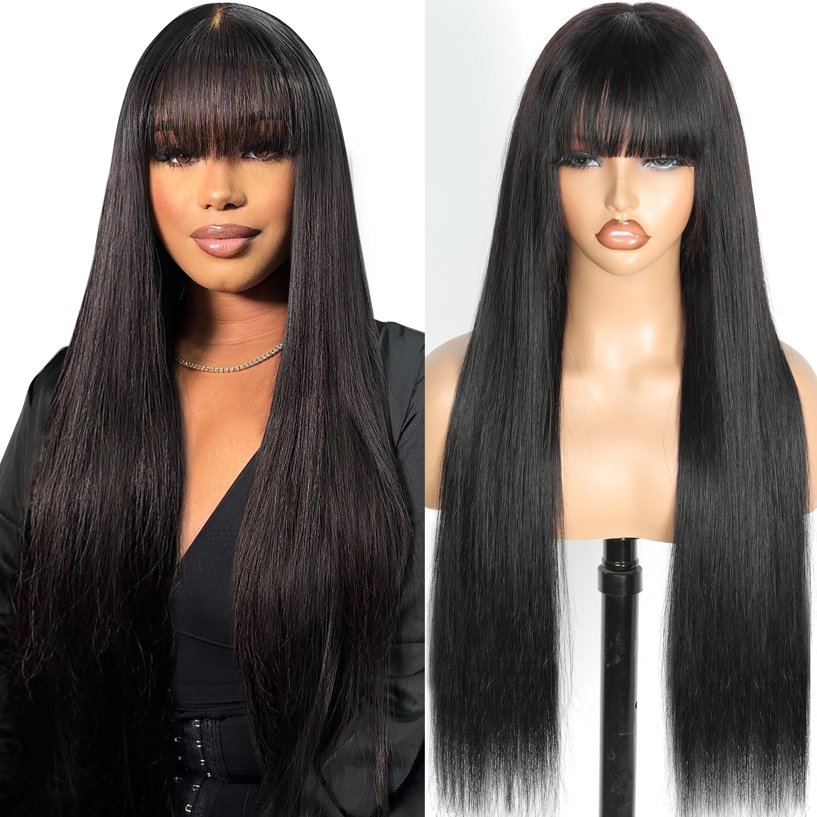 Junemet Human Hair Wig with Bangs Wear and Go Glueless Bone Straight Closure for Black Women 2X4 Lace Front Brazilian Glueless Black Wig with Fringe Human Hair Wigs 26 Inch