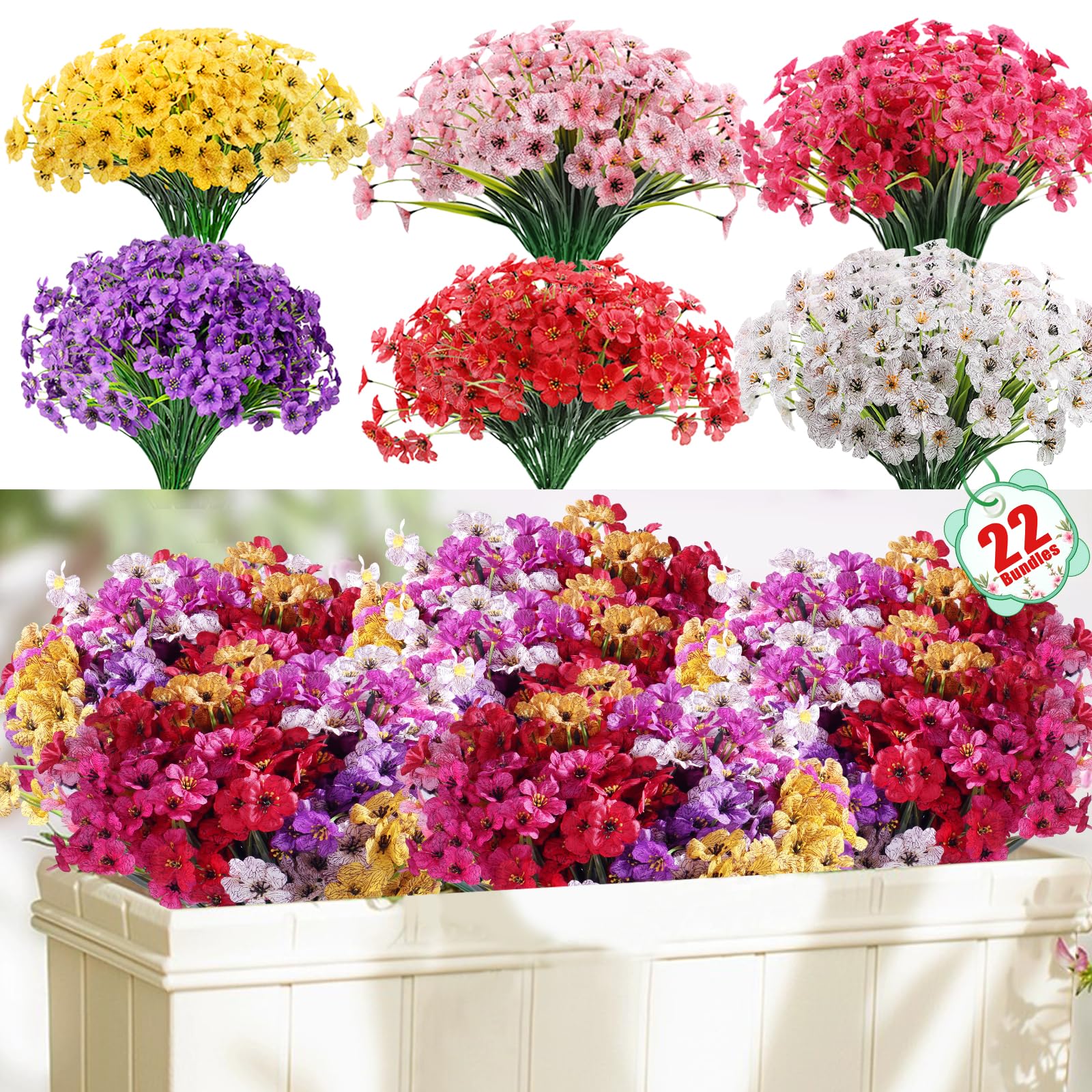 Powbrace 22 Pack Artificial Flowers for Outdoor Indoor Fake Plants, Faux Silk Flowers for Outdoors Outside Front Porch Hanging Planter Window Box Garden Spring Decoration(Multi-Colour)