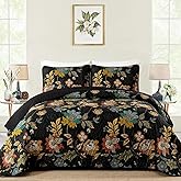 WONGS BEDDING Quilt Set Queen Size, Black Botanical Queen Bedspread Bedding Sets, 3 Pieces Floral Quilt with 2 Pillowcases,Soft Lightweight Microfiber Coverlet Set for All Season(96"X90")