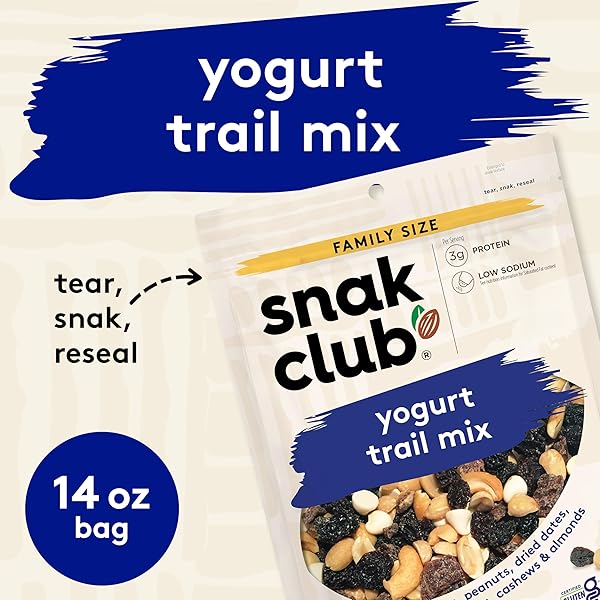 SNAK CLUB YOGURT TRAIL MIX WITH RAISINS, PEANUTS, DRIED DATES, YOGURT CHIPS, CASHEWS, AND ALMONDS, GLUTEN-FREE AND KOSHER SNACK, 14 OZ RESEALABLE BAG