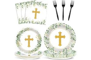 NAOZINEBI God Bless Tableware Set Baptism Plates First Holy Communion Plates and Napkins Mi Bautizo Eucalyptus Leaves Sage Disposable Dinnerware for Christening Baby Shower Party Supplies Serve 24