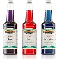 Hawaiian Shaved Ice Syrup Quart 3-pack, Cherry, Grape, & Blue Raspberry, for Slushies, Italian Soda, Seltzers, Popsicles, & M