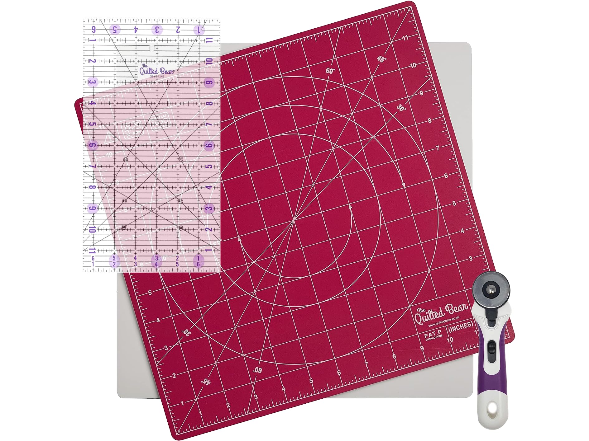The Quilted Bear 12" x 12" Self-Healing Rotating Cutting Mat with 6.5" x 12" Non-Slip Quilting & Sewing Ruler & 45mm Ergonomic Soft Grip Rotary Cutter - Pink