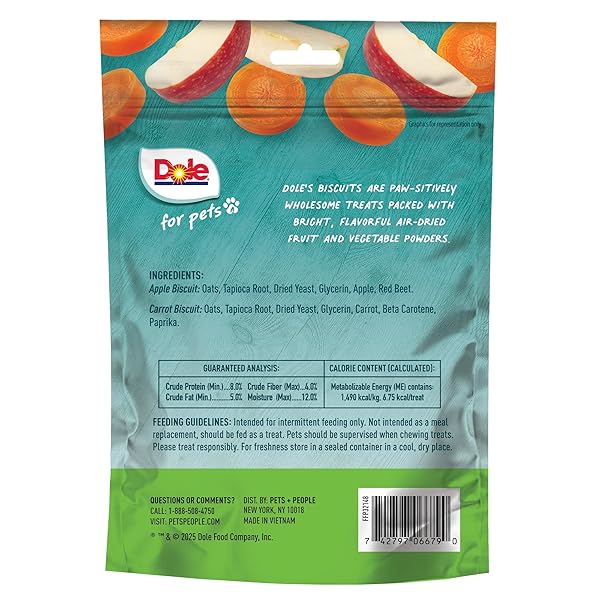 DOLE FOR PETS DOG BISCUITS ASSORTED APPLE + CARROT MIX, REAL FRUIT AND VEGETABLE FLAVOR VEGAN CRUNCHY TREATS, NO WHEAT CORN SOY OR ARTIFICIAL ADDITIVES, BITE SIZE TRAINING SNACKS FOR DOGS, 7 OZ