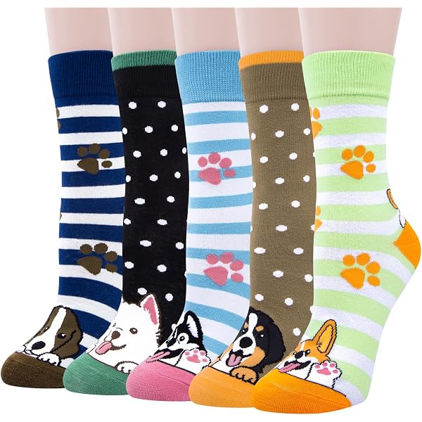 5 Pairs Women's Novelty Cotton Crew Socks - Funny Owl, Dog & Cat Animal Patterns