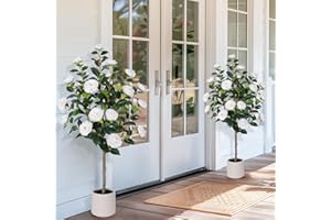 Yepdin 47 inch Artificial Camellia Tree with White Flower Pots -2 Pack White Fake Tree,4 Ft Faux Plants Indoor wich Blooming,Artificial Plants for Indoor & Outdoor Home Front Door Decor