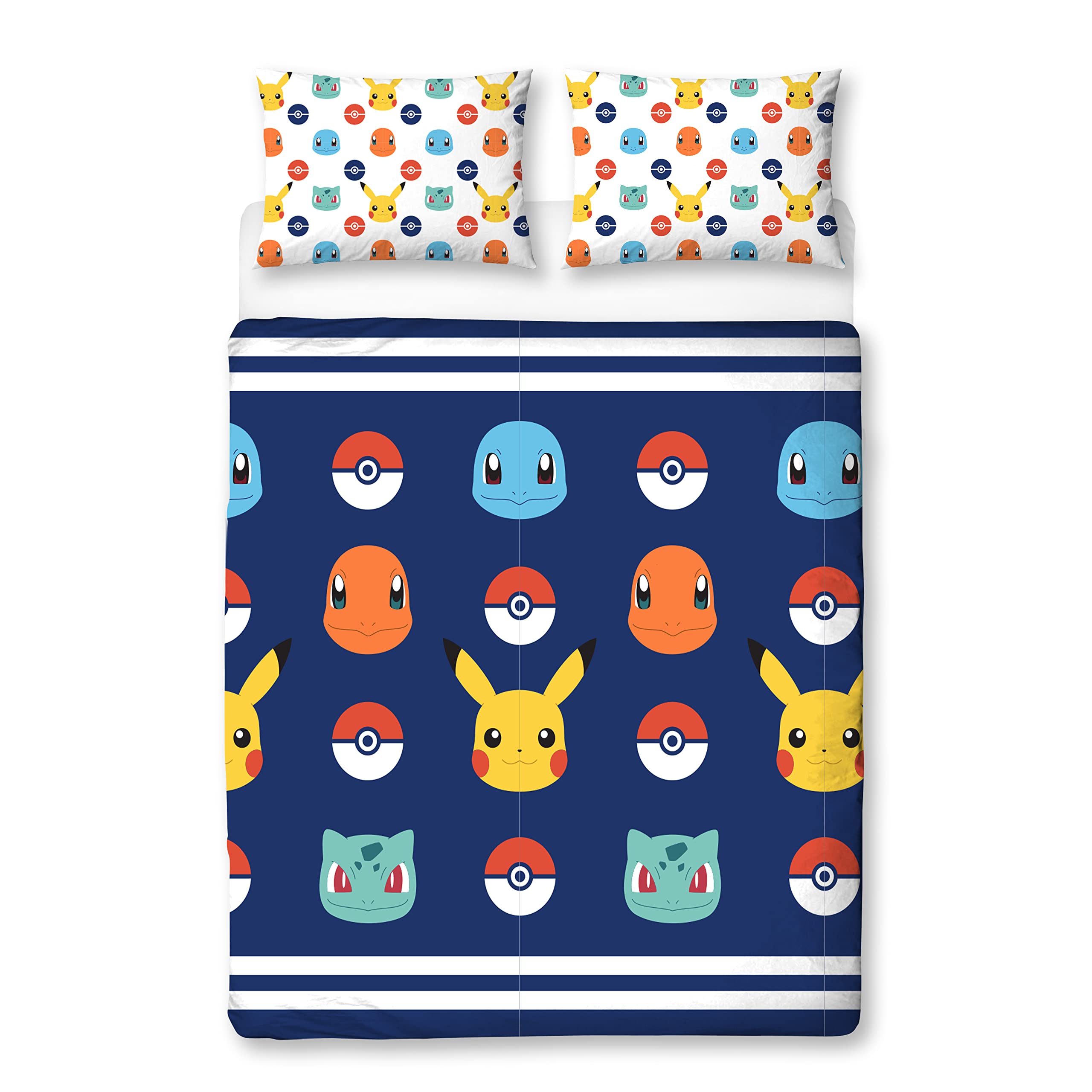Pokemon Officially Licensed Double Duvet Cover Set | Pikachu Badges Design Reversible 2 Sided Bedding with Matching Pillowcases | Character World Brands Double Bed Set