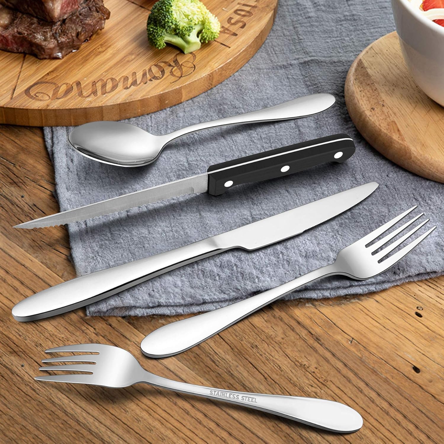  | LIANYU 48-Piece Silverware Set with Steak Knives, Stainless Steel Flatware Cutlery Set for 8, Eating Utensils Tableware Include Forks Knives Spoons, Dishwasher Safe: Flatware Sets