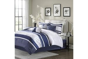 Madison Park Blaire Cozy Comforter Set-Luxurious Faux Silk Traditional Pieced Design All Season Down Alternative Bedding with Matching Shams, Decorative Pillow, Queen (90 in x 90 in),, Navy 7 Piece