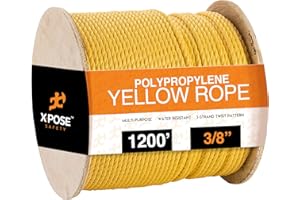 Yellow Twisted Polypropylene Rope - 3/8" Floating Poly Pro Cord 1200 Ft - Resistant to Oil, Moisture, Marine Growth and Chemicals - Reduced Slip, Easy Knot, Flexible - by Xpose Safety