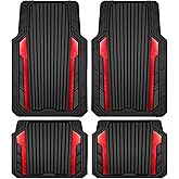 CAR PASS Heavy Duty Rubber Car Mats Metallic, Aluminum Film All Weather Floor Mats Waterproof Universal Trim to Fit Automotive SUV Sedan Van 4 Piece Anodized Deep Dish Two-Tone Sporty Black Red Chrome