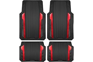 CAR PASS Heavy Duty Rubber Car Mats Metallic, Aluminum Film All Weather Floor Mats Waterproof Universal Trim to Fit Automotive SUV Sedan Van 4 Piece Anodized Deep Dish Two-Tone Sporty Black Red Chrome
