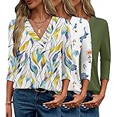 Bliwov 3 Pack Womens Summer Tops V Neck 3/4 Sleeve Loose Tshirts Business Casual Beach Trendy Blouses Spring Clothes Outfit