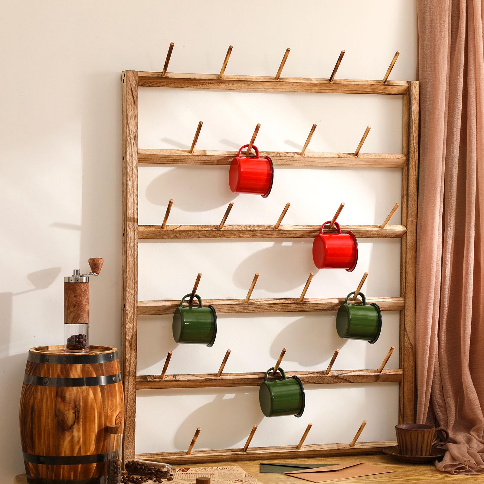 Photo 1 of Blosssound Wall Mounted Oversize Coffee Mug Rack Rustic Wood Mug Rack Wall Mounted Storage for 27 Cups Mug Holder Wall Mounted Jar Plate Holder for Home Display and Collection, 34 x 26.75 x 4 Inches