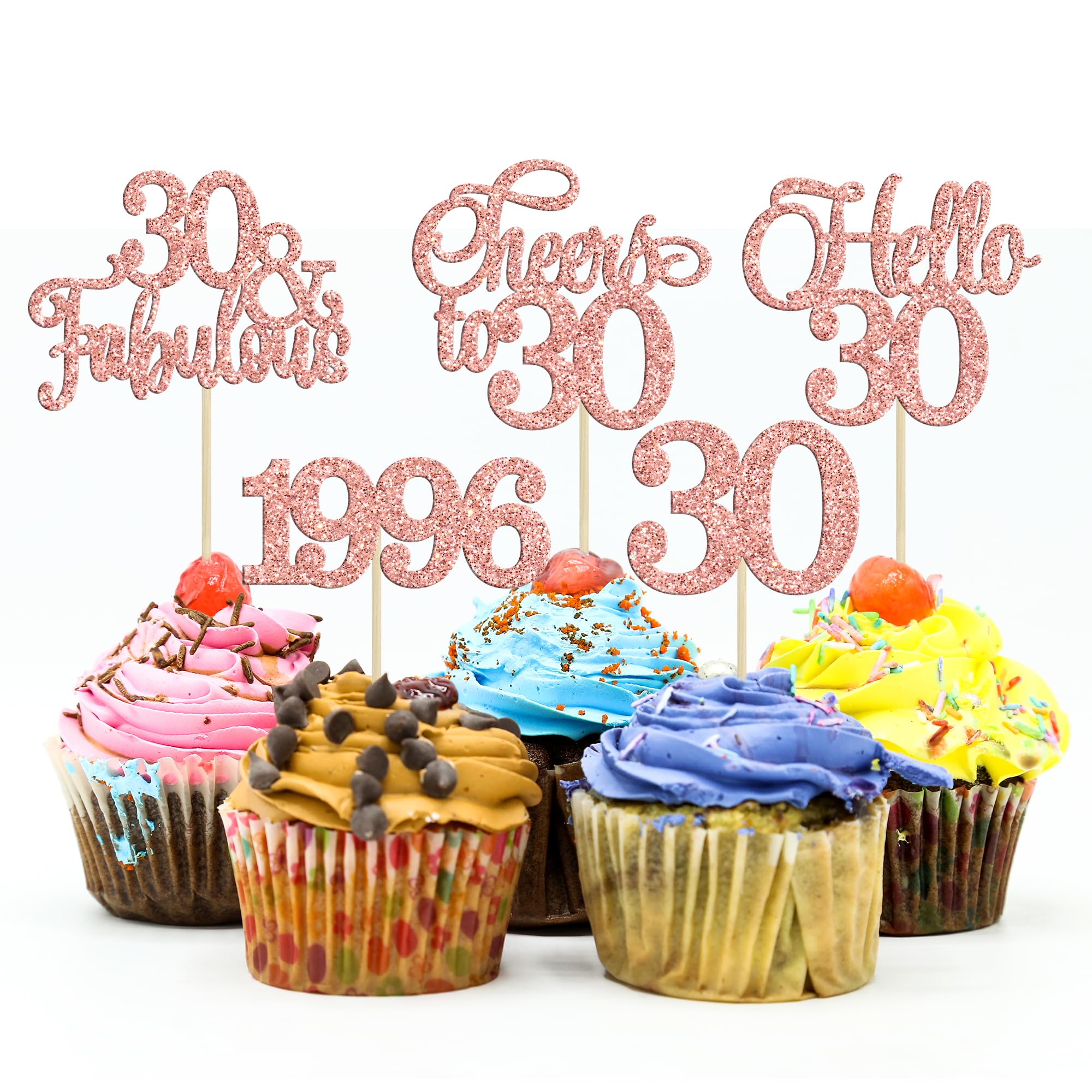 Gyufise 30Pcs 30th Birthday Cupcake Toppers Glitter Hello 30 Cupcake Topper Cheers to 30 1996 Thirty Cupcake Picks for Happy 30th Birthday Anniversary Party Cake Decorations Rose Gold — image 1
