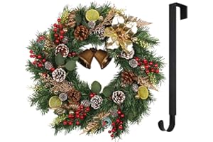 YUGALI 21” Christmas Wreath with Hanger Lights for Front Door Golden Metal Bells Red Berries Evergreen Frosted Pine Cones Gilded Flowers Lemon Slices Winter Outdoor Décor Indoor Wall Decorations