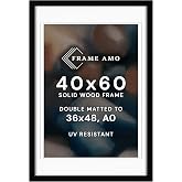 Frame Amo 40x60 Oversized Black Gallery Frame, A0 and 36x48 Mats, Wood | UV-Resistant Acrylic, Solid Wood, 1.5 inch Wide, 1 inch Thick, 2 Thick 6-Ply White Mats, Heavy Duty, Hanging Hardware