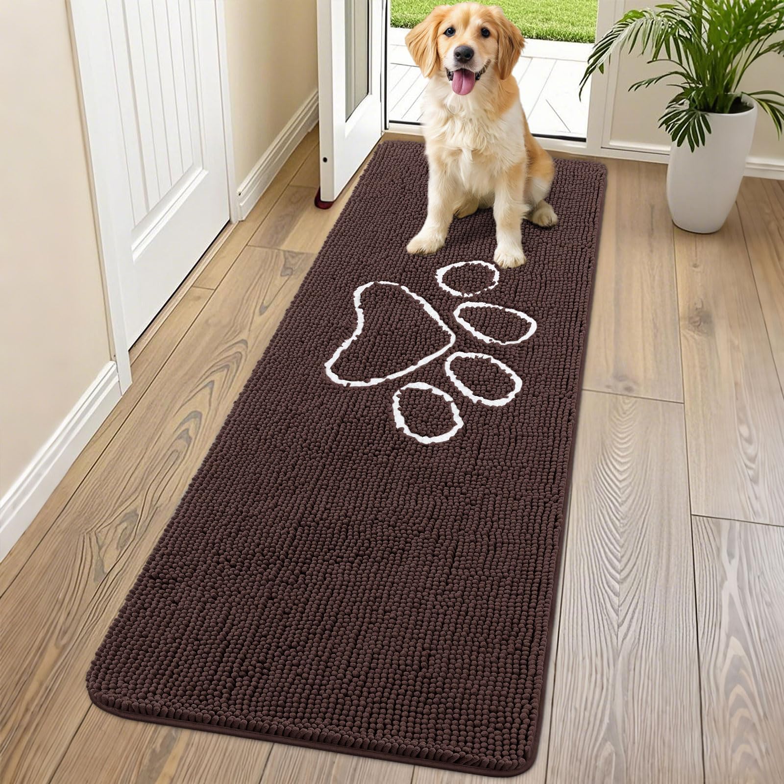 Photo 1 of Smiry Dog Door Mat for Muddy Paws, Absorbent Dirt Trapper Non Slip Quick Dry Washable Chenille Mat for Mud Dogs, Entry Rug for Indoor and Outdoor (70x24 Inches, Brown and White)