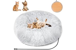 Evjeal Heated Cat Bed for Indoor Cats - Fluffy 23 Inch Donut Pet Bed with Removable Heating Pad for Cats & Small Dogs, Ideal for Year Round Comfort