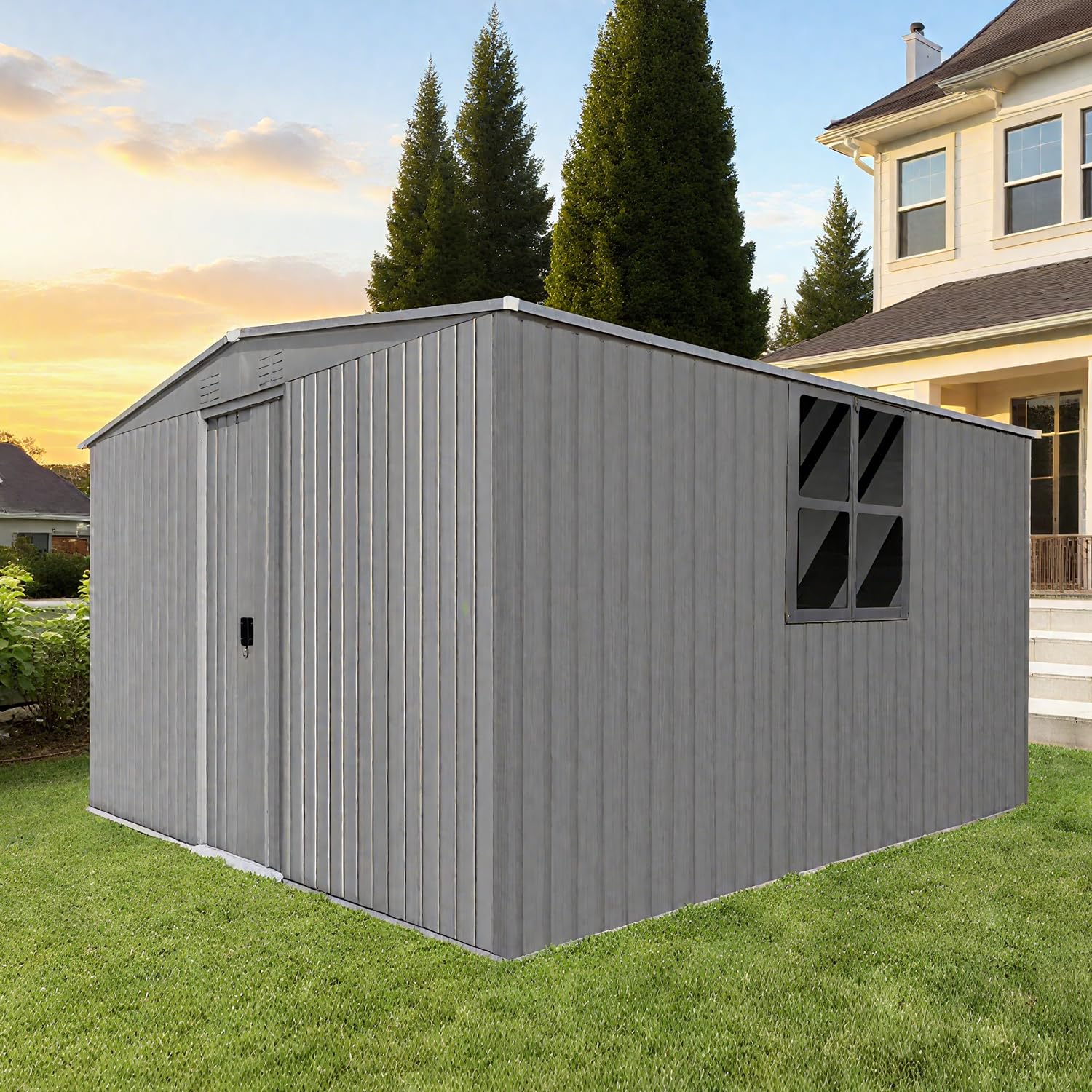 Photo 1 of ************INCOMPLETE ITEM, THIS IS ONLY 1 BOX IN A MULTI BOX SET**************
14 x 12 FT Outdoor Storage Shed, Metal Garden Tool Shed with Slooping Roof, Lockable Doors and Aluminum Frames, Easy to Assemble for Garden, Patio, Lawn, Grey