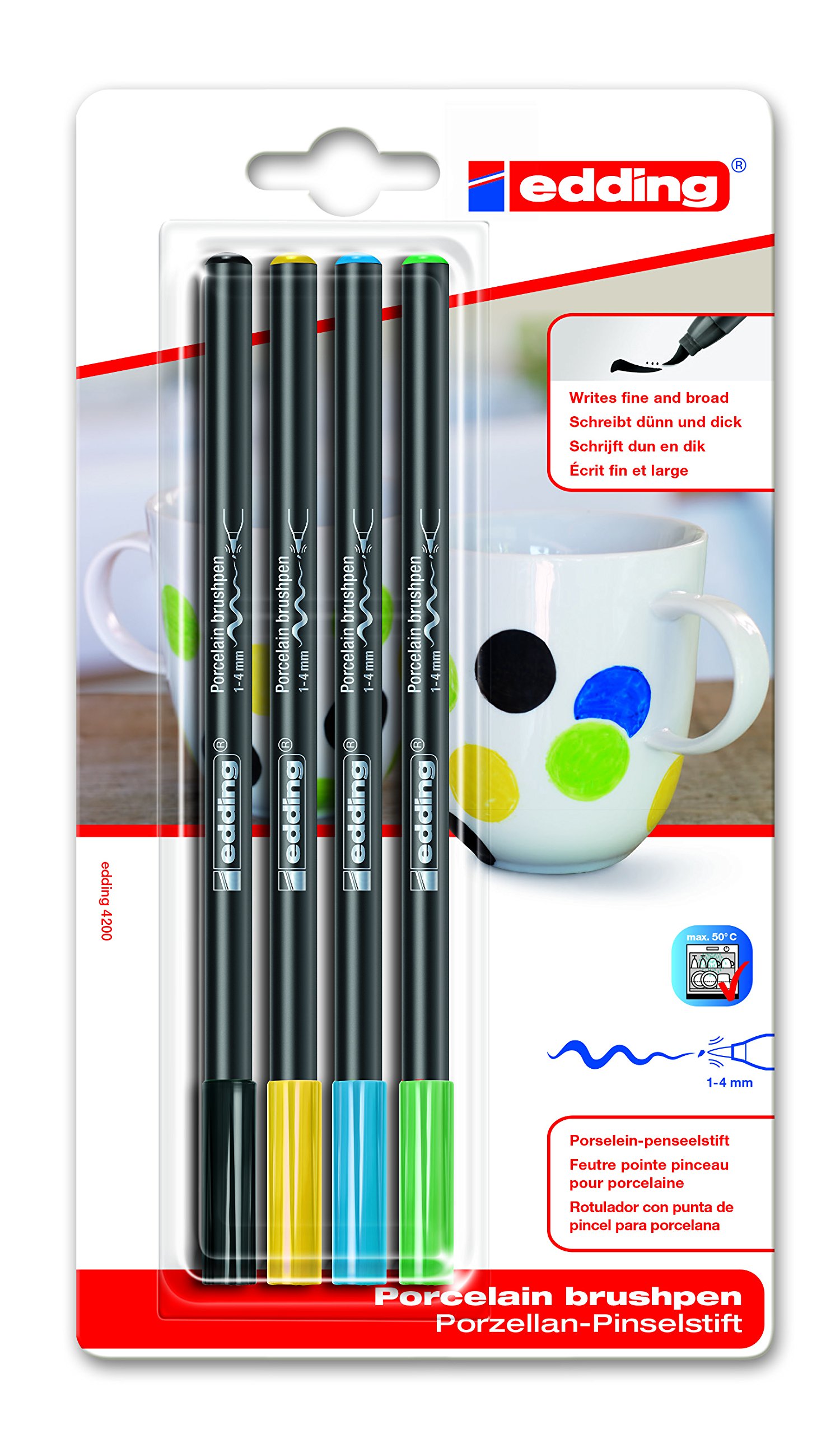 edding 4200 porcelain brush pen - black, yellow, blue, green - 4 pens - brush nib 1-4 mm - felt-nib pen for painting and decorating ceramics, porcelain - dishwasher-safe, lightfast ink, quick-drying