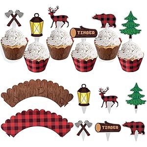 48Pcs Lumberjack Cupcake Toppers & Wood Grain Buffalo Plaid Wrappers, Perfect for Campfire Party Supplies, Lumberjack Theme Birthday Decor, Woodland Baby Shower Decorations, Rustic Woodsy Wedding