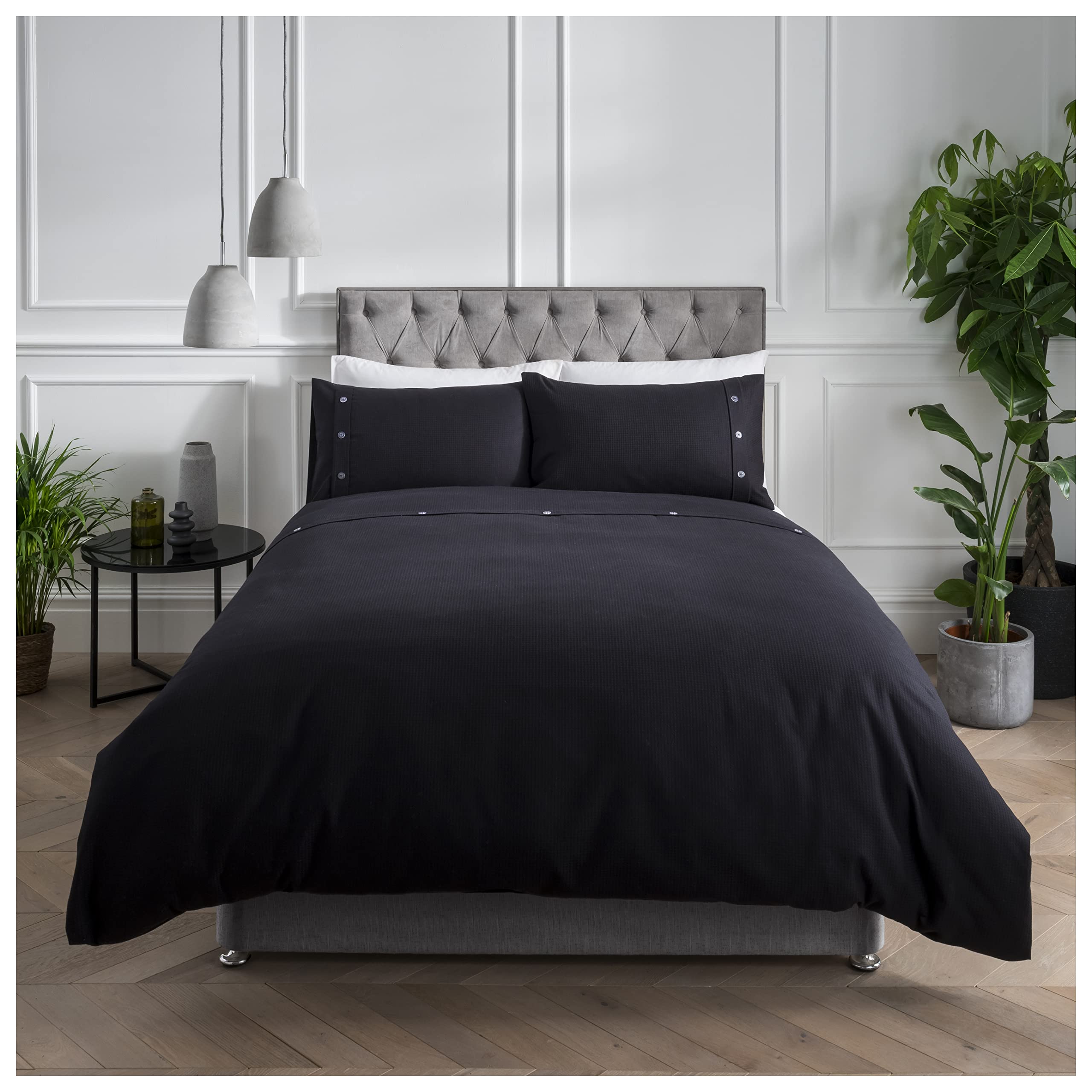 Sleepdown Duvet Cover Set - Black - Simple and Classy Waffle Honeycomb Geometric - Quilt Cover Easy Care Bed Linen Soft Cosy Bedding Sets Pillowcases with Buttons Closure - King (230cm x 220cm)