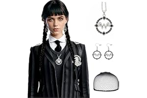 S-noilite Wednesday Addams Braided Black Wig with Bangs Long Braids Wigs for Women Girls Cosplay Party Halloween Costume w. Earrings and Necklace+Wig Cap