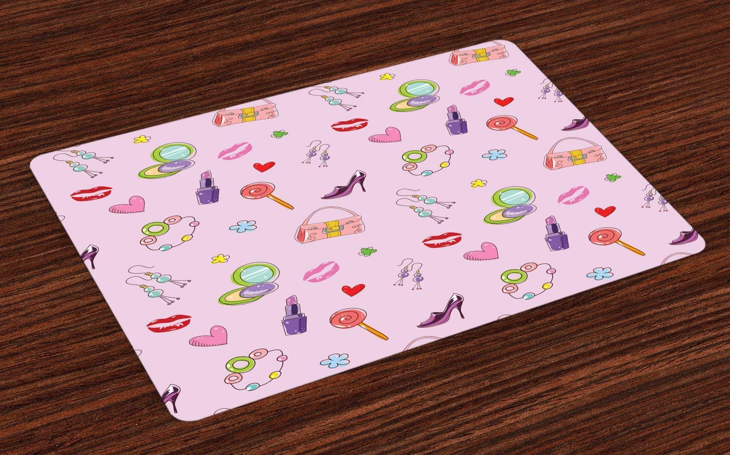 ABAKUHAUS Princess Place Mats Set of 4, Cute Girls Illustration with Fashion Accessories and Makeup Lollipop Flower Print, Washable Fabric Placemats for Dining Room Kitchen Table Decor, Multicolor