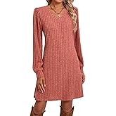 Ficerd Women's Knit Long Sleeve Sweater Dress Casual V Neck Tunic Dresses Fall Trendy Outfits
