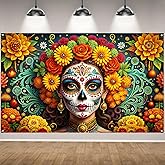 Day of The Dead Photo Backdrop Dia De Los Muertos Banner Sugar Skull Marigold Altar Mexican Fiesta Halloween Party Decorations and Supplies for Home-71×43''