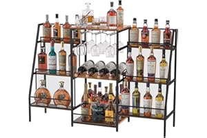 HAYEXIHA Versatile Bar Stand Table with Glass Holder, Freestanding Floor Wine Rack, Liquor Stand for Liquor Whiskey Wine, 6-Tier Stepped Liquor Bottle Display Shelf with Fences, Vintage Brown（patent pending）