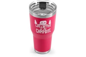 Camco Life is Better at The Campsite Tumbler | Heavy Duty Double Wall Vacuum Insulation | Crafted of 18/8 Stainless Steel | Unique “Life is Better at The Campsite” Design on Coral Pink | 30-oz (53062)
