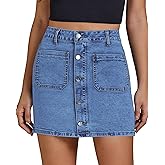 luvamia Jean Skirts for Women Denim High Waisted Trendy Stretchy Mini Button Front Short Pencil Skirt with Patch Pockets