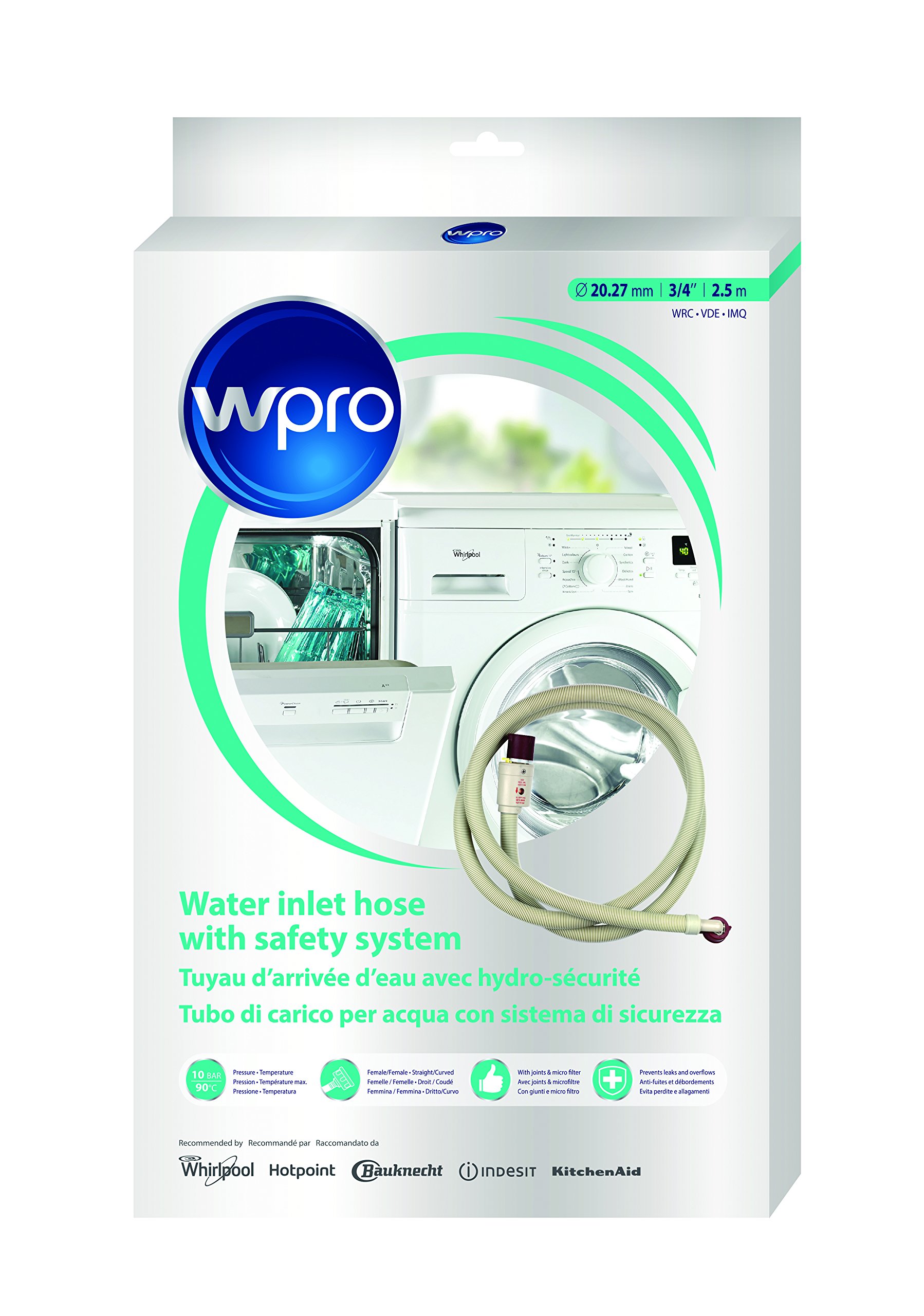 wpro SIH250 Water Stop Inlet Hose / 2.5 m / 20 Bar / Aquastop / Universal / Suitable for up to 90 Degrees Celcius / Straight / Angled Thread Connection