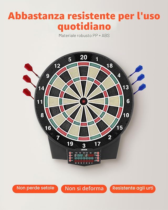 Bersaglio Elettronico per Freccette, Bersaglio 391 mm con 43 Giochi e 320 Varianti per un Massimo di 8 Giocatori, 6 Aste per Freccette con Alette e 50 Punte Morbide, Schermo LED a Colori