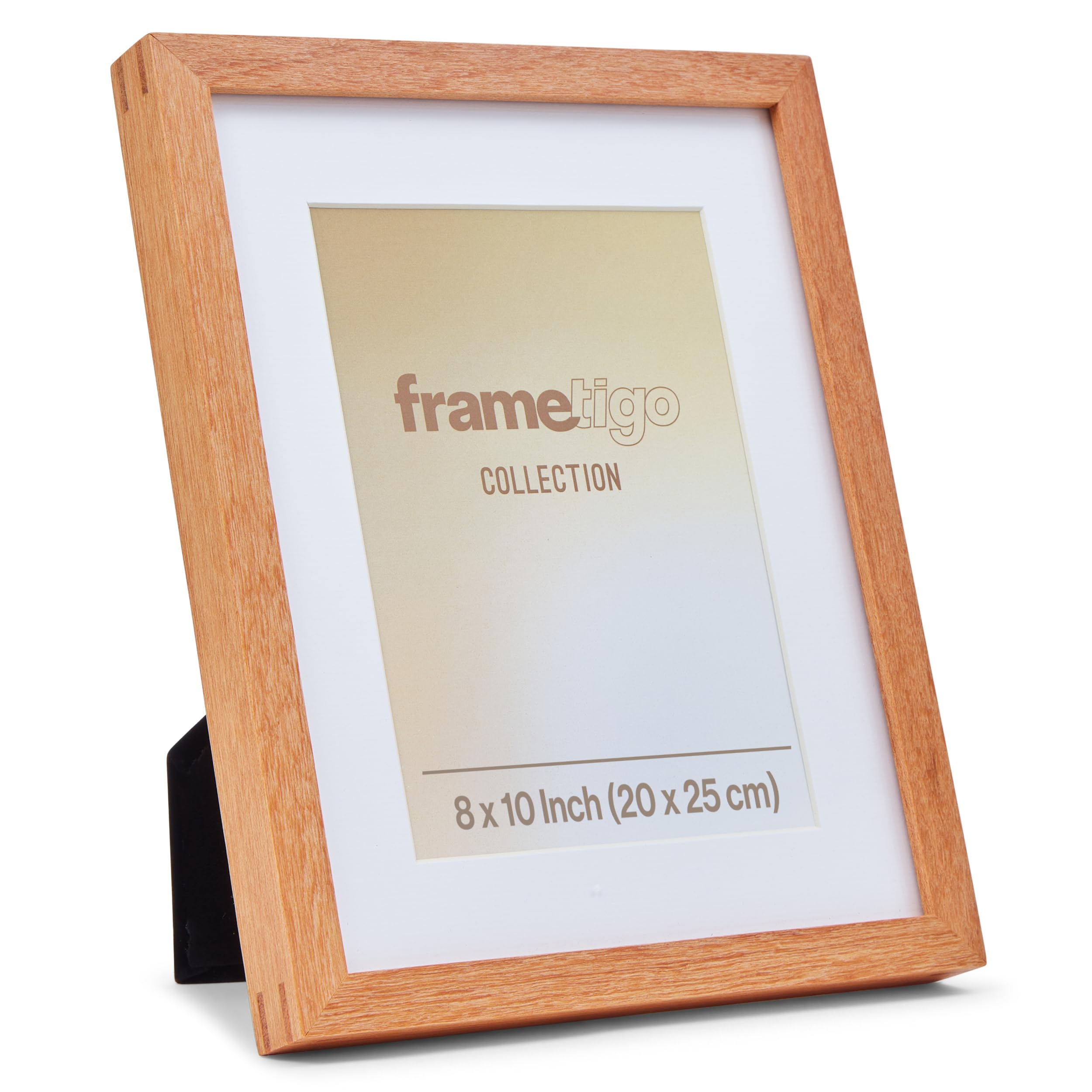 Frametigo - Solid Okan Natural Hardwood Mounted Frame, 8”x10” (20x25cm) Photo Size - Velvet Frame Backing & Stand - Double Spline Joint - Polished Edge Real Glass - Landscape or Portrait Orientation