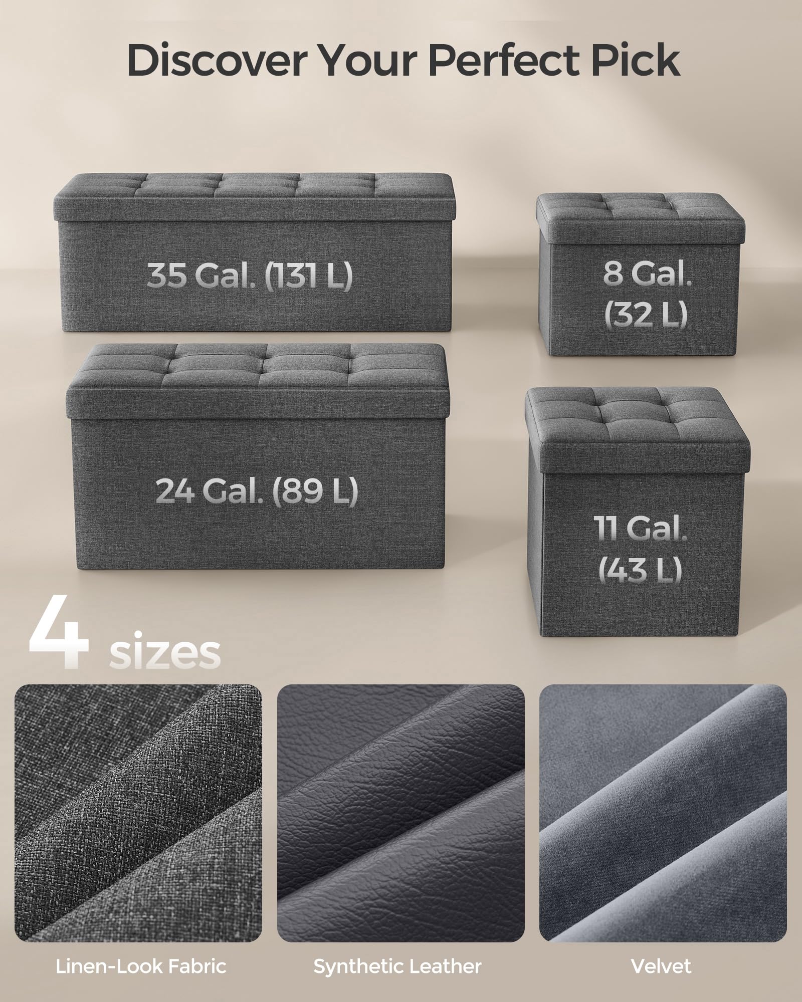 SONGMICS Mazie Collection - Small Folding Storage Ottoman, Foot Rest Stool, 12.2 x 16.1 x 12.2 Inches, 286 lb Load Capacity, for Living Room, Bedroom, Home Office, Dorm, Dark Gray ULSF102G01 - Image 7