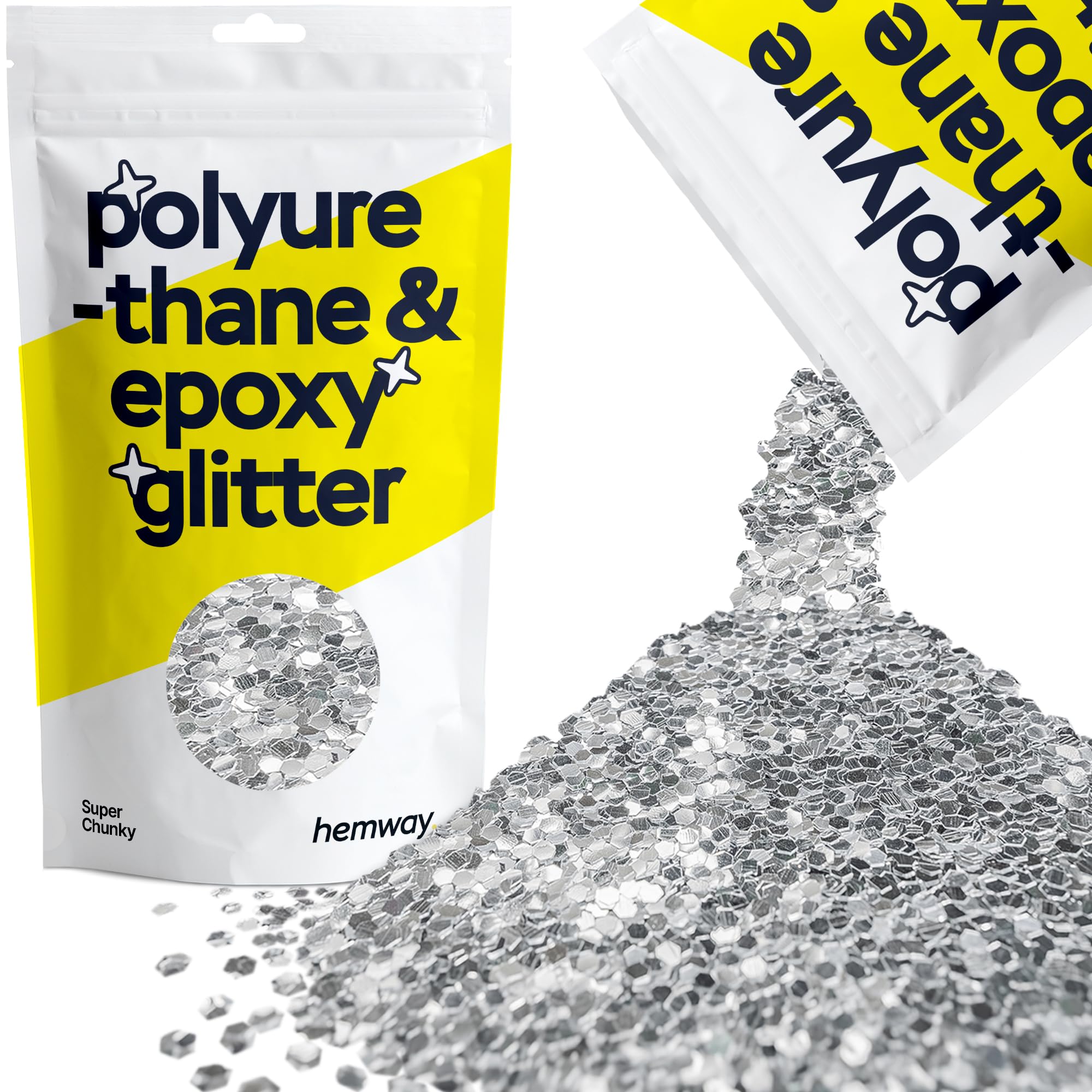 Hemway Resin Glitter Silver 100g Super Chunky | Polyurethane & Epoxy Glitter for Resin Crafts, Tumblers, Coasters, Floor & Table Art