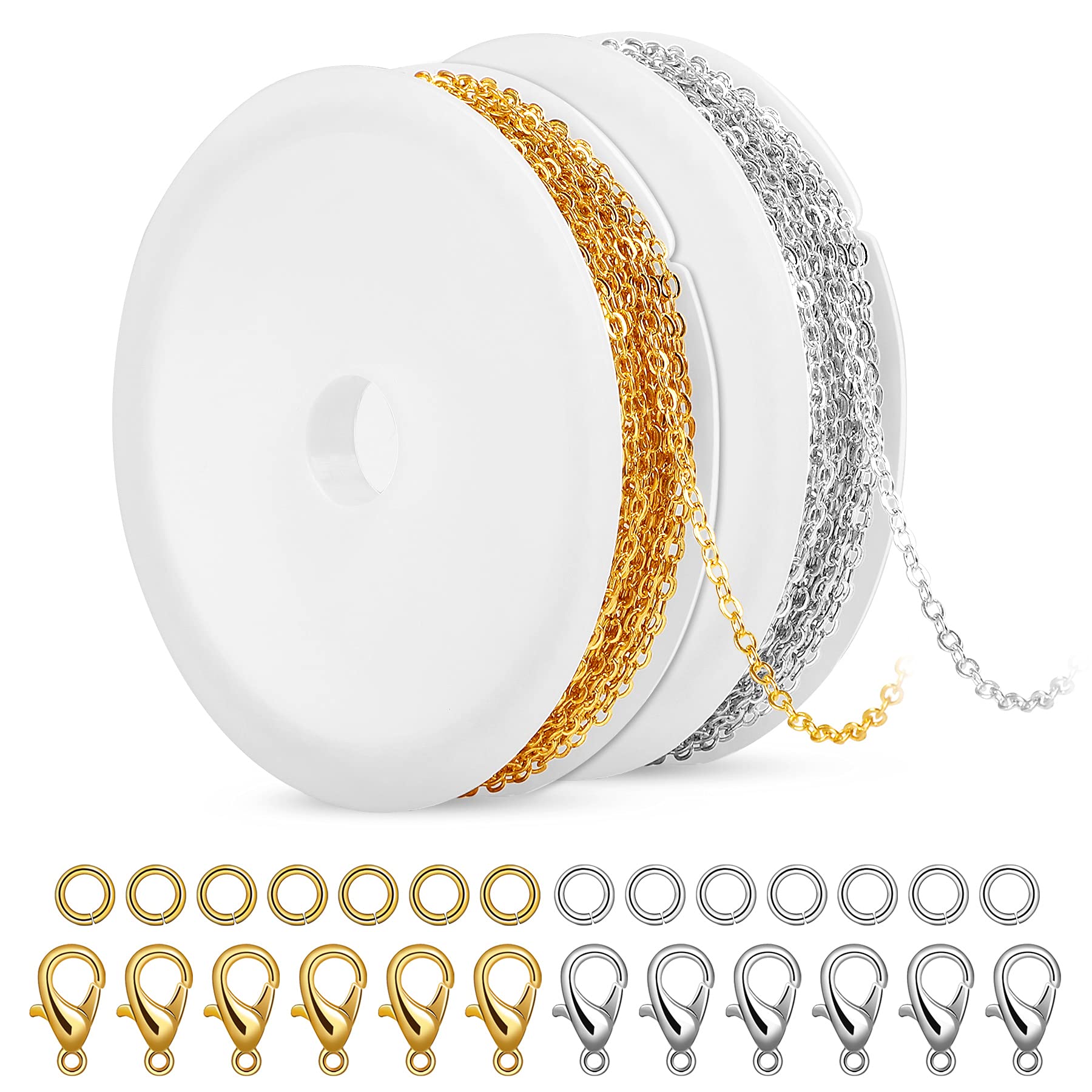 SANNIX 20 Feet Necklace Chains 1.8mm Jewelry Making Chains for Necklace Earring Bracelet Jewelry Making Supplies, Metal Chain Necklace with Lobster Clasps and Jump Rings for DIY Craft, Silver & Gold