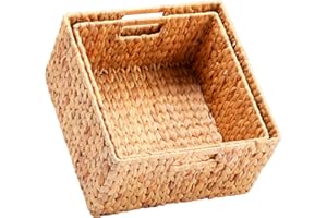 HOONEX Water Hyacinth Storage Baskets for Organizing, Decorative Wicker Baskets with Carrying Handles, Set of 2, Natural