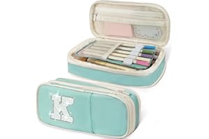 Janhavi Preppy Pencil Case for School Supplies, Initial Large Pink Pencil Case Organizer with Zipper, Cute Pencil Bag Holder for Office, Ideal Birthday Gift for Kids,Teen Girls, Adults-Blue K