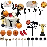 Firleayo 25pcs Basketball Cake Toppers Basketball Theme Cake Decoration Black Gold Balls Player Cupcake Decorations Happy Birthday Sign Topper for Boy Men Birthday Sport Party Supplies