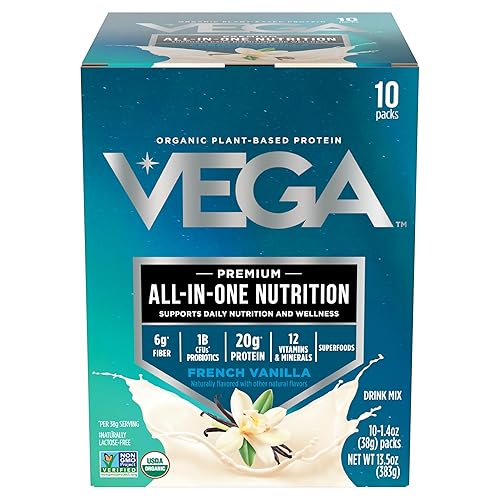 Vega Organic All-in-One Vegan Protein Powder, French Vanilla -Superfood Ingredients, Vitamins for Immunity Support, Keto Friendly, Pea Protein for Women & Men, 13.5 oz (Packaging May Vary)
