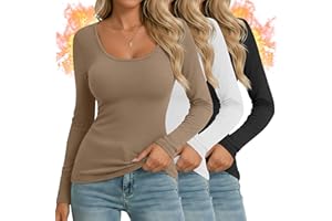 Ficerd 3 Pack Women's Thermal Long Sleeve Shirts Fleece Lined Scoop Neck Stretch Fitted Tops Winter Base Layer Underwear