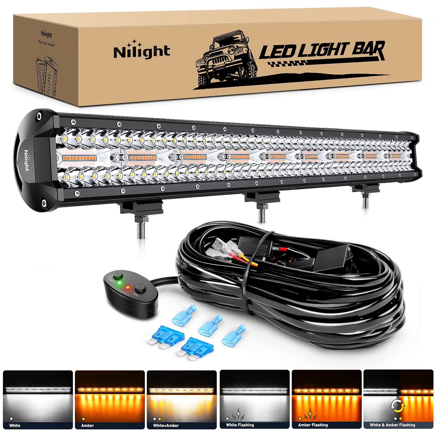 Photo 1 of Nilight 26Inch 540W LED Light Bar Spot Flood Amber White Strobe 6 Modes with Memory Function Off-Road Truck Car ATV SUV Cabin Boat with 16AWG Wiring Harness Kit-1 Lead, 2 Years Warranty