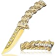 NedFoss CHAIN Pocket Knife, Gifts for Mom, Mothers Day Gifts for Mom Wife, 3.5 inch Flipper Assisted Opening Folding Knives, Cool knives with 3D Pattern Steel Handle, Knife Gifts For Men Women, Personalized Pocket Knives for EDC (Gold)