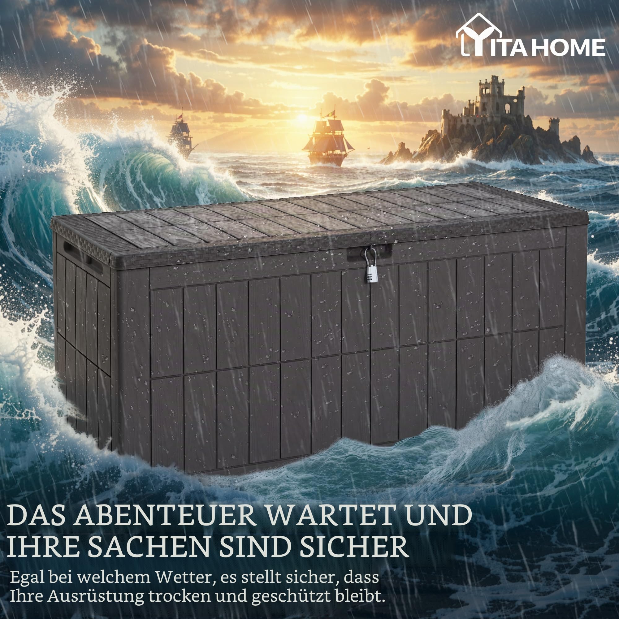YITAHOME Außenspeicherbox 450L wasserdichte Deckbox für Gartengeräte Terrassenkissen Swimmingpool-Zubehör verschließbar einfach zusammenzubauen vielseitiger Sitzbank oder Tisch,dunkelbraun 5
