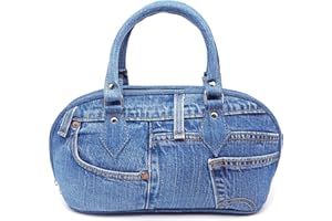 Bijoux de Ja Upcycling Blue Denim Trim Curved Shape Satchel Top Handle Handbag Purse (denim)