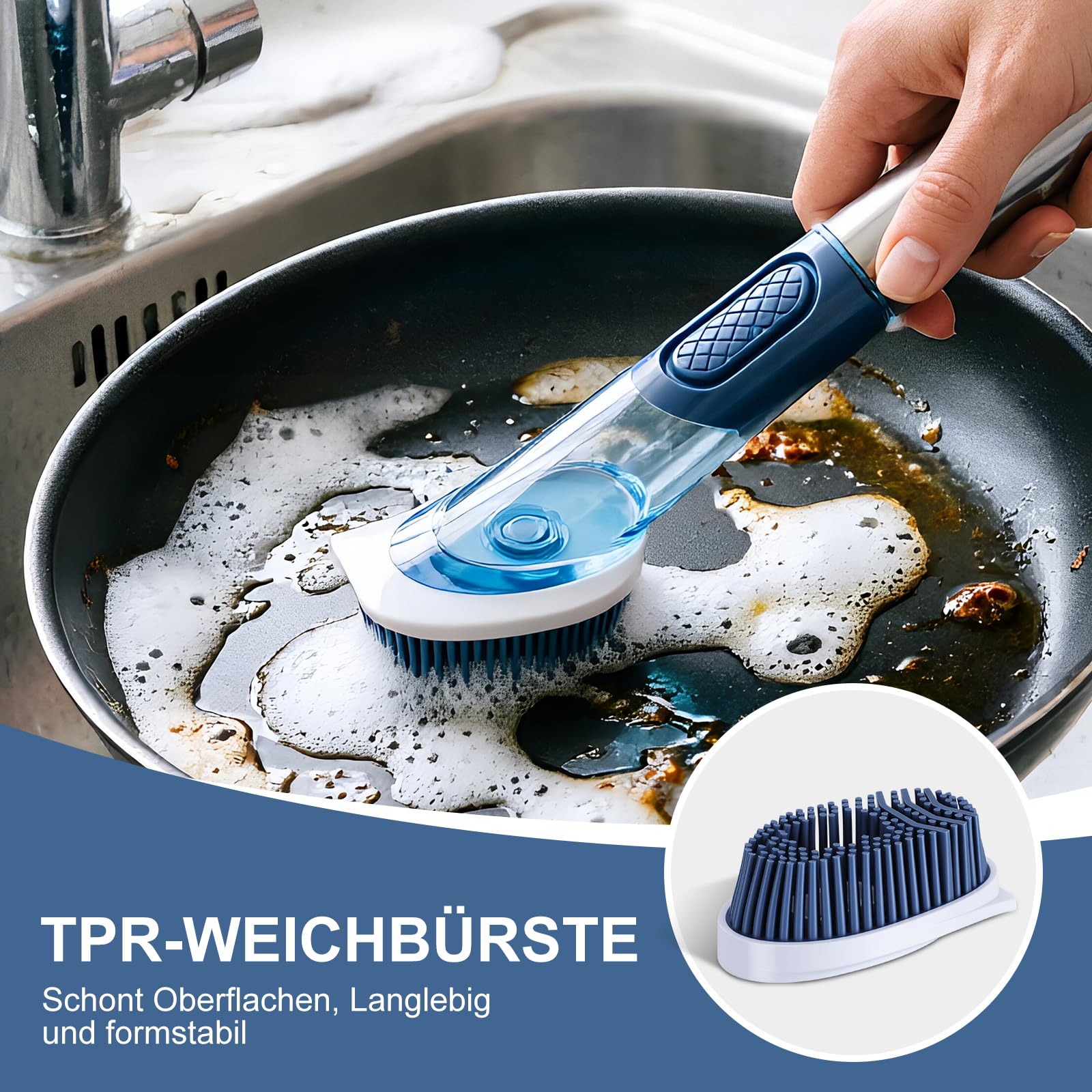 Masthome Spülbürste mit Spülmittelspender, Befüllbare Spülbürste, 4 Verschiedenen Ersatzköpfen, Multifunktional Küchenbürste Reinigungsbürste, Geschirrbürste für Geschirr, Töpfe, Spülen Reinigung 7